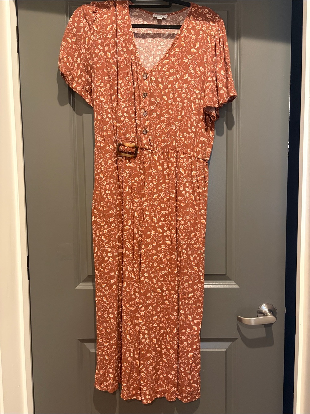 Luxology Rust Floral Midi Jumpsuit with Belt and pockets